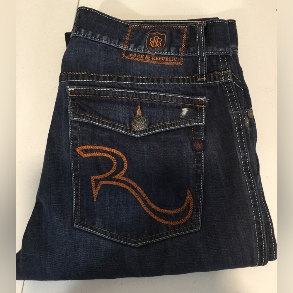 Rock & Republic Men's Dark Indigo Jeans wiOrange Stitching Distressed Bootcut